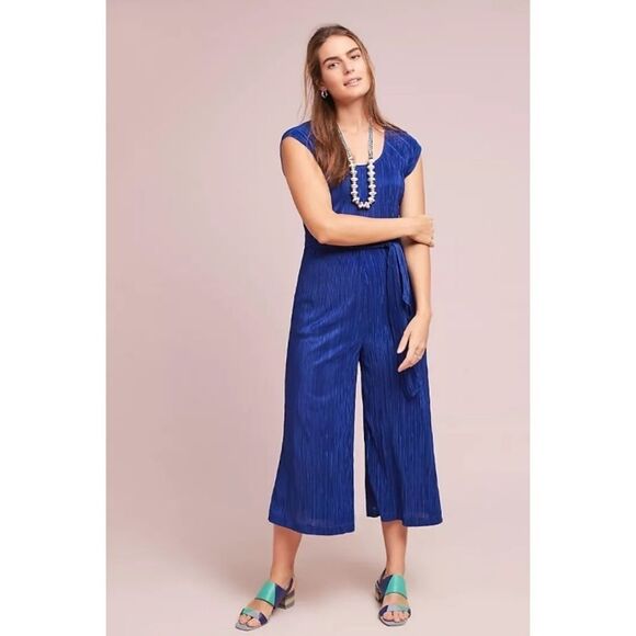Anthropologie Maeve Sonata Jumpsuit Wide Leg Cropped Pleated Blue Size 4 NWT - Picture 1 of 16